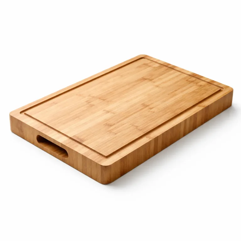 Thick rectangular bamboo butcher block includes integrated ergonomic side handles and a juice groove, ideal for carrying and serving.