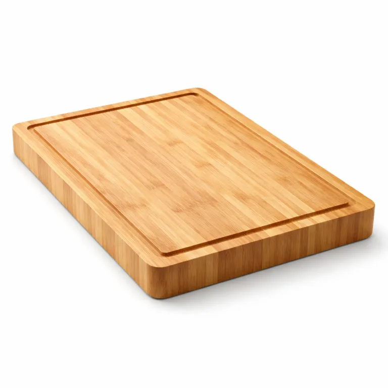 A classic rectangular bamboo butcher block cutting board featuring a natural finish, deep juice groove, smooth surface, and gently rounded edges for a comfortable grip.