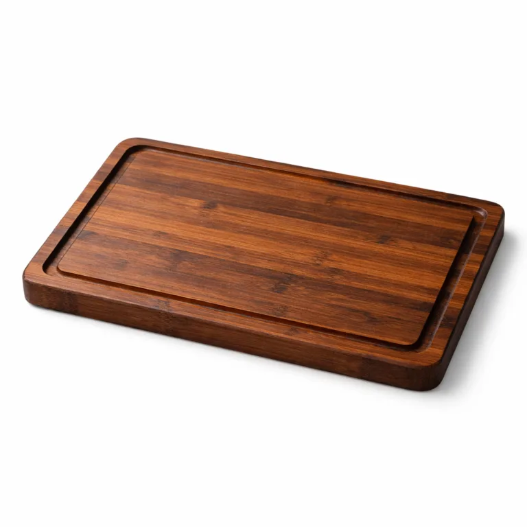 A rectangular bamboo carving board with drip channel, made from carbonized bamboo for a richer brown tone and attractive wood grain, finished for everyday kitchen use.