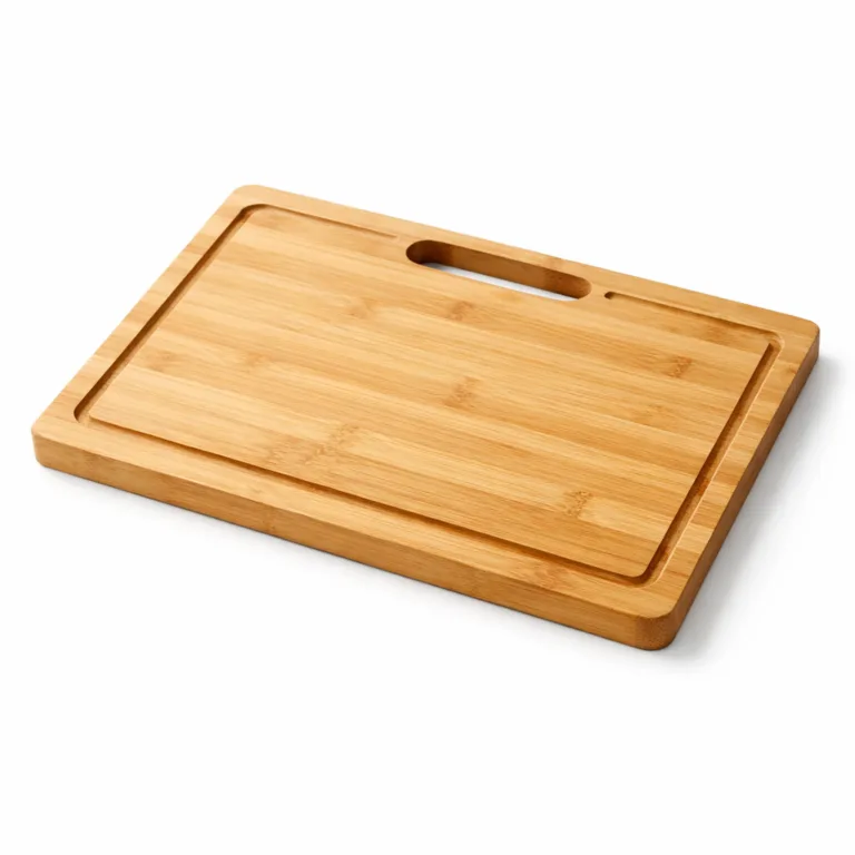 A bamboo carving board featuring a drip channel and a convenient handle cutout on one side for easy carrying and hanging, all crafted from sustainably sourced bamboo.