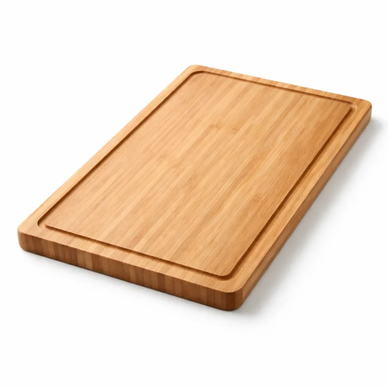 Rectangular natural bamboo charcuterie serving board designed with beveled edges and a precision-cut juice groove around the perimeter, professionally photographed for e-commerce clarity.