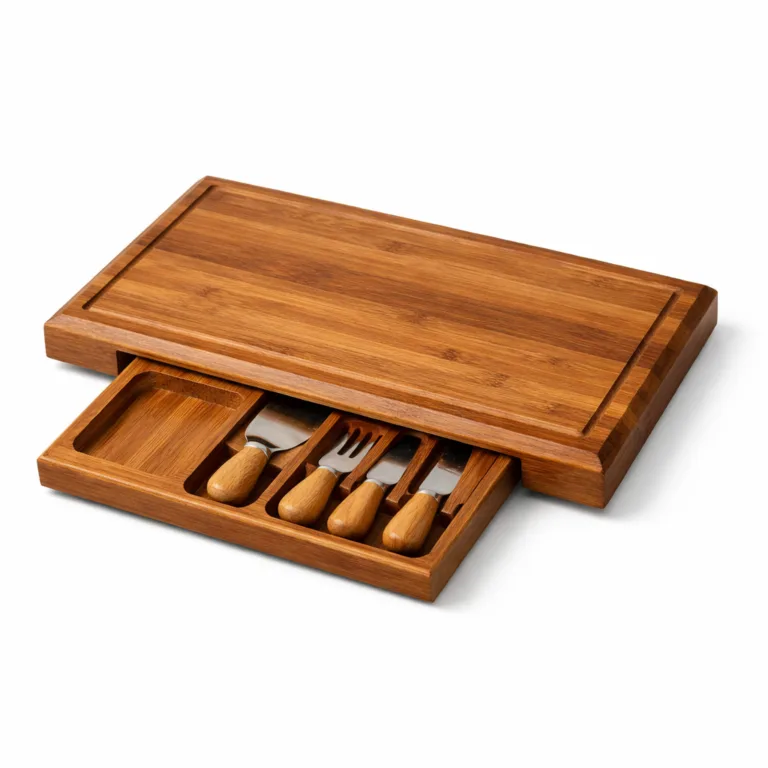 A rectangular cheese board crafted from carbonized bamboo for a rich brown color, featuring a slide-out drawer and modern beveled edges.