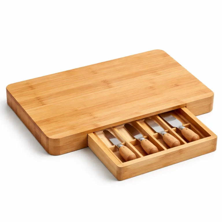A rectangular bamboo cheese board in a classic natural finish, featuring a slide-out drawer and softly rounded edges for a timeless look.