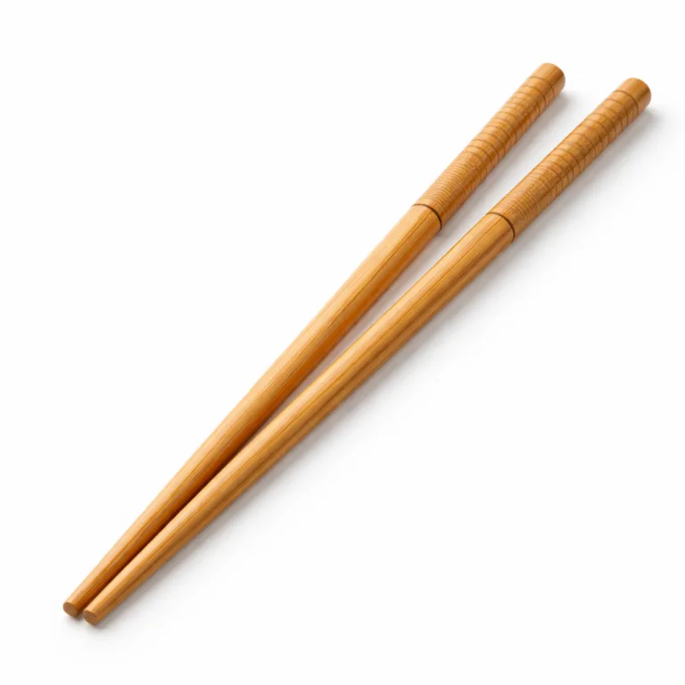 A single pair of bamboo chopsticks with a durable polished finish and visibly beveled tips for precision. The non-slip textured grips ensure a secure hold, while the sleek polish adds shine suitable for sophisticated table settings.