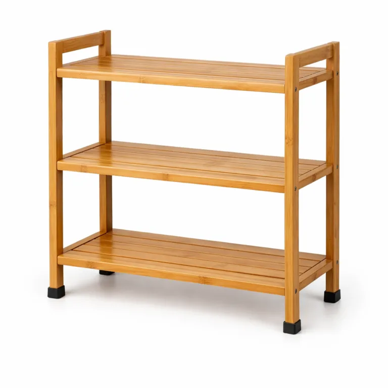 A bamboo closet rack featuring a matte-oiled finish for a contemporary look. This 3-tier shelf includes discreet anti-slip feet to prevent movement, making it an ideal solution for closet organization.