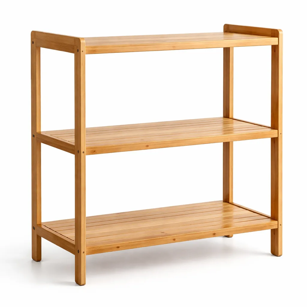 A bamboo closet storage rack in a natural finish, featuring a 3-tier vertical open design and softly rounded edges for a modern look. Perfect for organized closet shelving, photographed in a studio setting for online stores.
