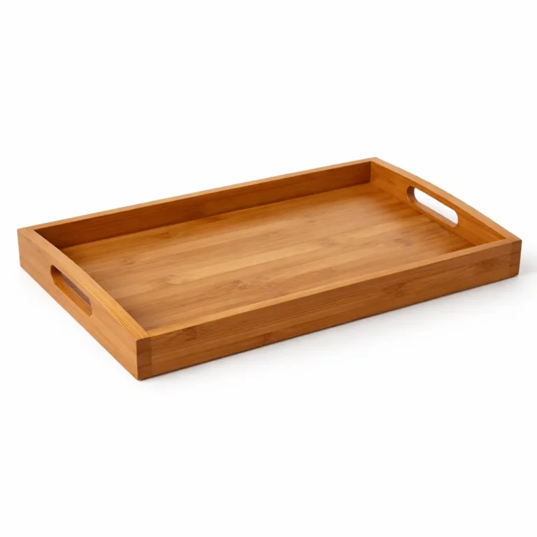 A bamboo coffee table tray with a sleek matte-oiled finish that adds subtle luster and protection. The raised rim helps prevent items from sliding off, and sturdy cutout handles make it easy to carry. Simple and functional for daily use.