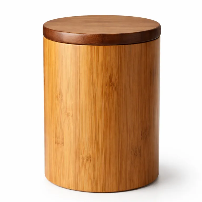 This carbonized bamboo coffee and tea canister stands out with its deeper wood tone and a subtly beveled lid edge, offering a modern variation to a classic design.