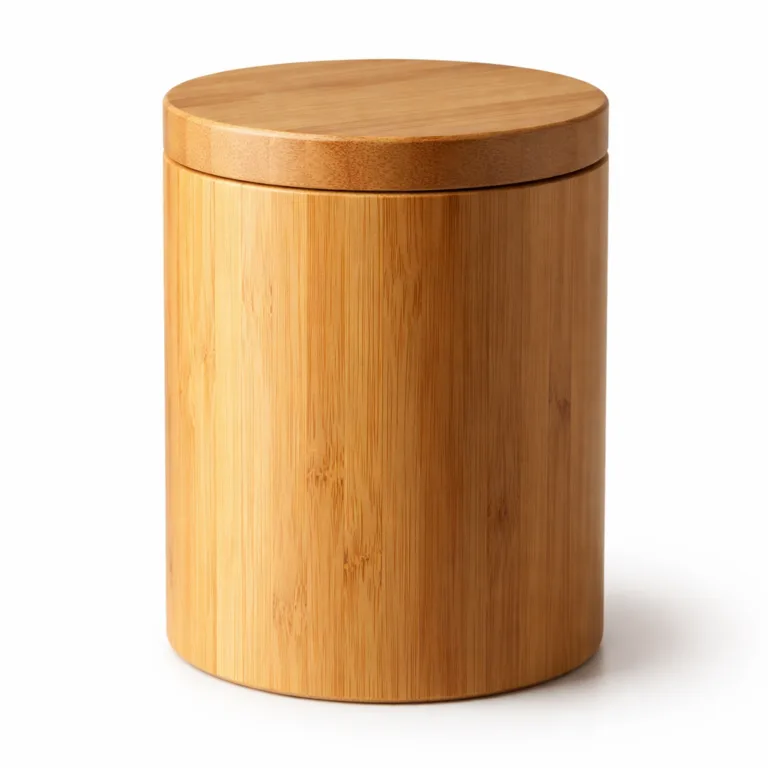 A modern matte-oiled bamboo coffee and tea canister boasting a fine horizontal groove near the lid for enhanced grip and a minimalist aesthetic.