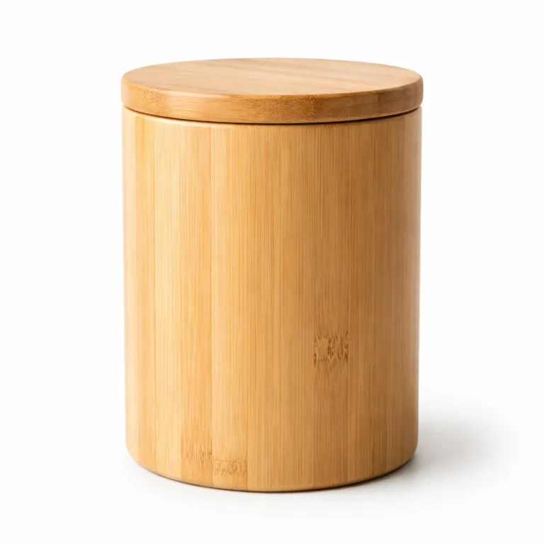 A classic bamboo coffee and tea canister featuring a natural bamboo finish, cylindrical design, smooth lid, and softly rounded edges for a timeless look.
