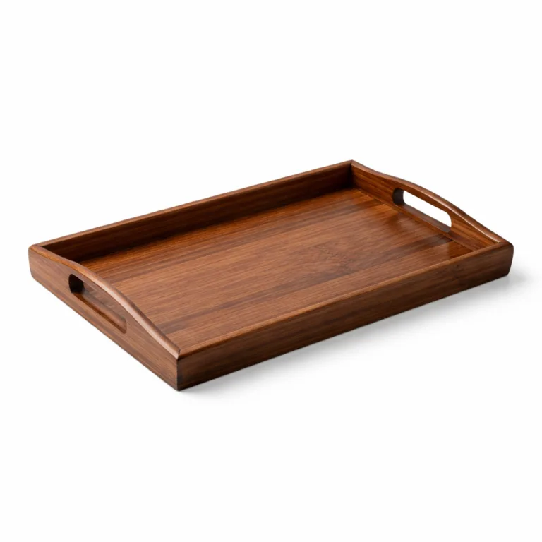 This coffee table tray is made from carbonized bamboo, providing a rich dark tone. It has a modern look with beveled edges for a touch of elegance and built-in handles for functionality. Durable and attractive, perfect for serving or organizing.