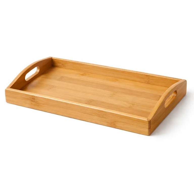 A classic bamboo coffee table tray featuring a smooth natural finish and gently rounded edges. Crafted from eco-friendly bamboo, this tray is designed with integrated handles for easy carrying. The minimalist design highlights the fine grain of the bamboo.