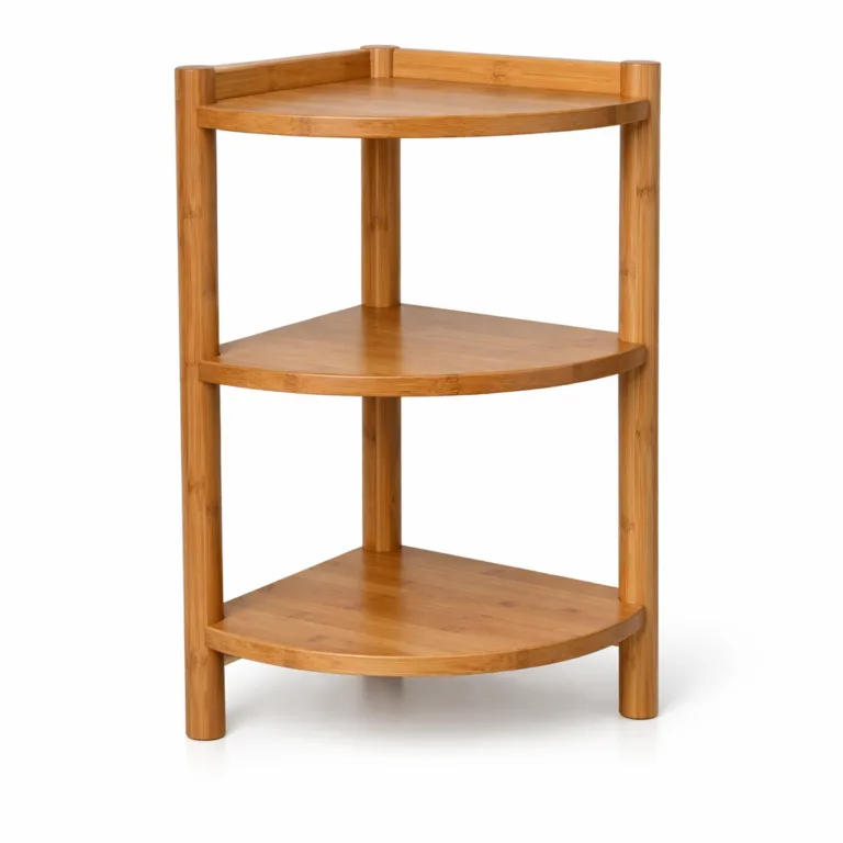 A three-tier bamboo corner shelf unit with a durable matte-oiled finish and visibly thicker shelf profiles. This design offers increased weight capacity and a robust appearance while maximizing corner storage.