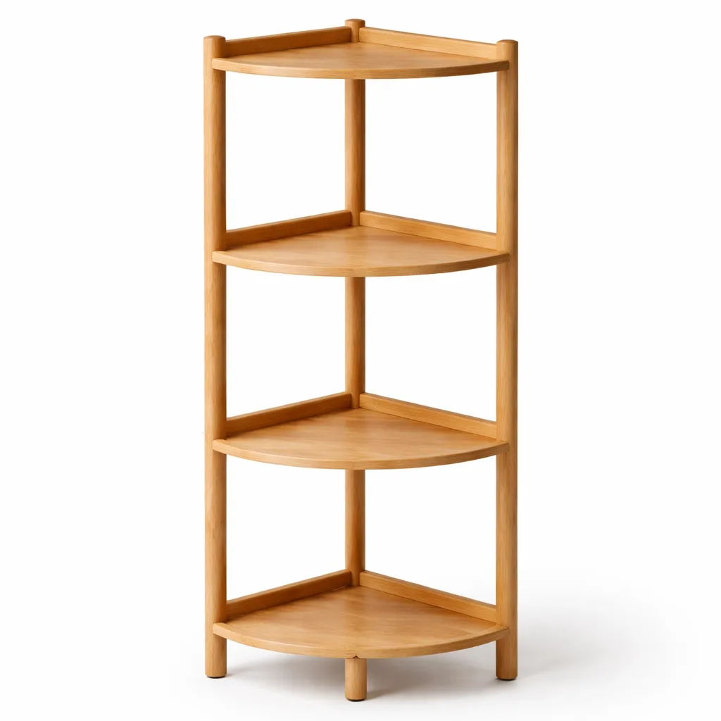 A multi-tier bamboo corner shelf unit featuring a natural bamboo finish and softly rounded edges on each shelf for a smooth, modern look. Designed to fit snugly in corners for space-saving storage.