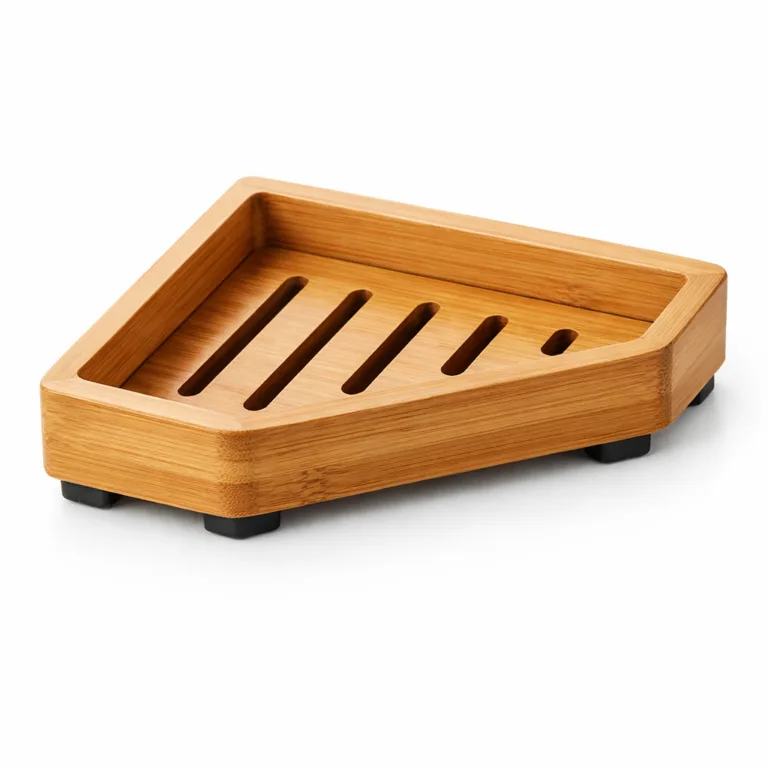 A rectangular bamboo corner soap dish with a matte-oiled finish, featuring a raised rim to prevent soap slipping and small anti-slip feet for added bathroom stability.