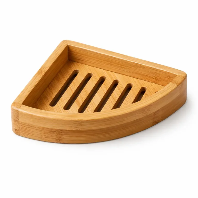A natural bamboo corner soap dish featuring a triangular design, classic slatted drainage slots, and smooth rounded edges for a simple and elegant look.