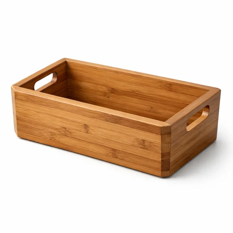 The Carbonized Bamboo Cosmetic Storage Basket features a rich, deeper tone achieved by carbonization, with elegant beveled edge detailing on all sides. Designed with ergonomic handles, it blends functional style with a modern aesthetic.