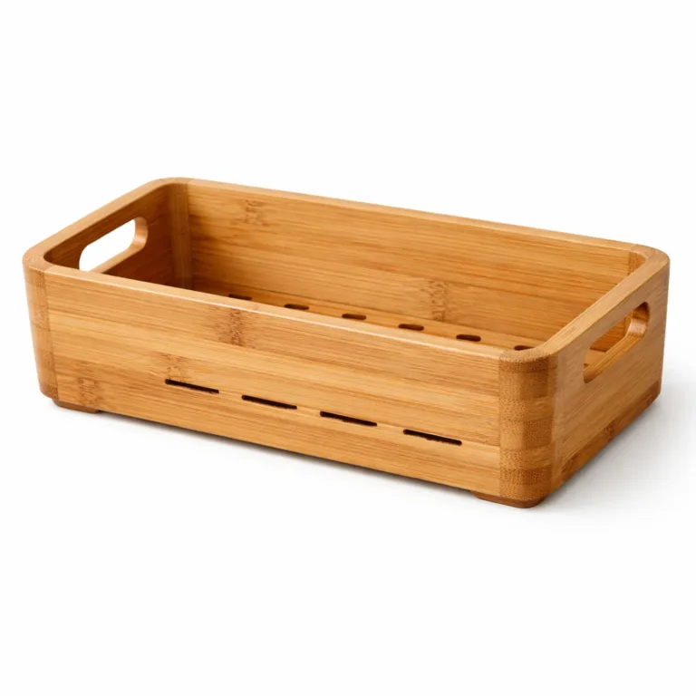 This Bamboo Cosmetic Storage Basket has a modern matte-oiled finish to protect and enrich the bamboo grain. Practical drainage slots are integrated in the basket's base, making it ideal for wet environments like bathrooms or countertops.