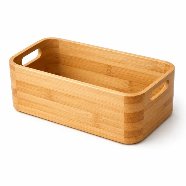 This variant of the Bamboo Cosmetic Storage Basket showcases rounded edges for a refined look and comfortable handling. The basket is crafted from natural bamboo with a smooth, sanded finish, perfect for modern bathrooms or vanities.