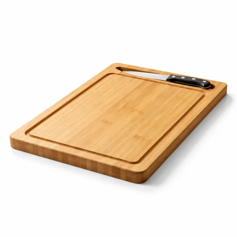 A natural bamboo cutting board featuring a built-in knife slot and a well-defined groove, finished with gently rounded edges for comfortable handling, shot in sharp studio lighting for clear product presentation.