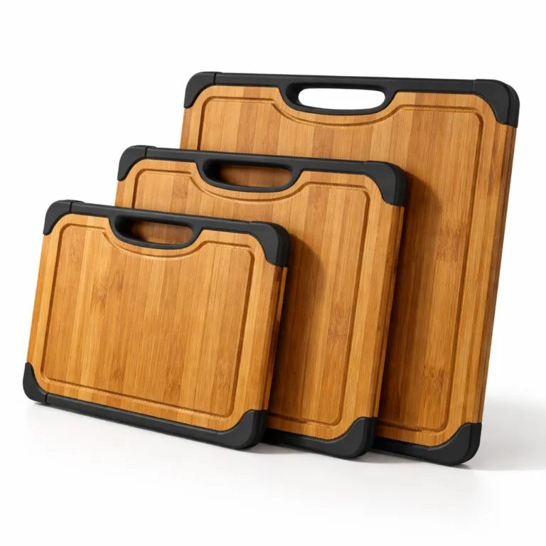 Three rectangular bamboo non-slip cutting boards with a distinctive darkened carbonized finish. The set features rounded corners and non-slip edge accents, presented in a bright studio environment.