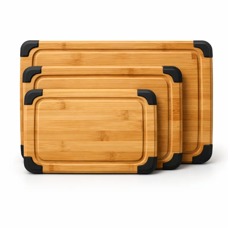 Three bamboo non-slip cutting boards with integrated juice grooves along the edges to catch liquids. The boards are rectangular with rounded corners and have anti-slip edge details, ideal for kitchen use.