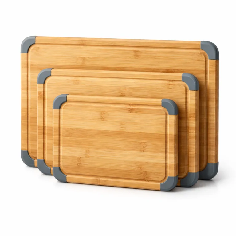 A set of three bamboo non-slip cutting boards featuring a smooth, natural finish highlighting the wood grain. Each board has rounded corners and anti-slip edge details, arranged against a clean white background.