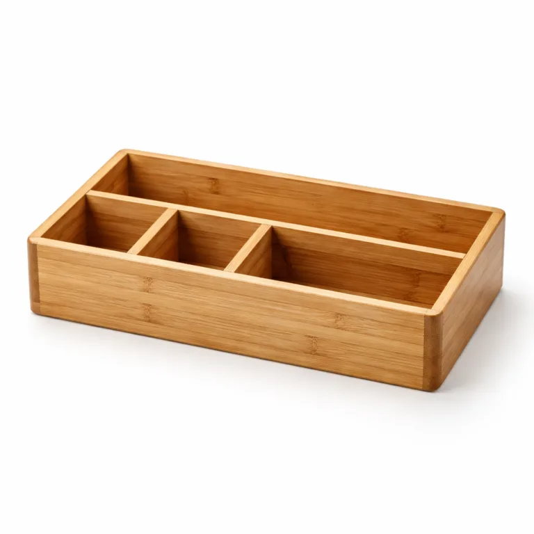 A Bamboo Desk Organizer Basket featuring a rich carbonized bamboo finish and elegant beveled edges. Designed in a rectangular format with compartments for easy organization, highlighted by a studio photo for e-commerce use.