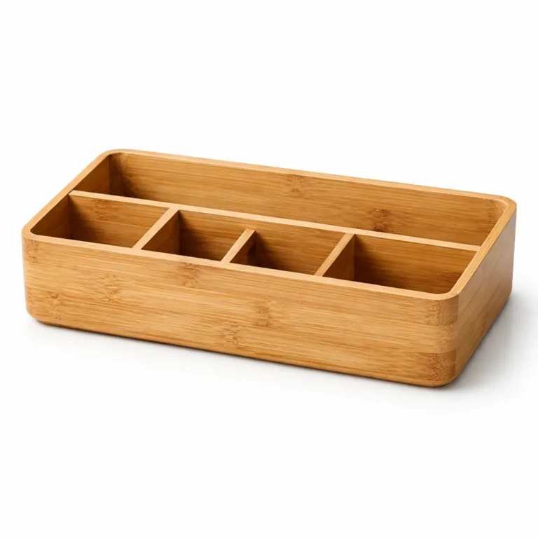 A Bamboo Desk Organizer Basket crafted from natural bamboo, featuring a rectangular shape with multiple compartments and softly rounded edges for a smooth touch. Perfect for organizing office essentials, photographed in a studio setting for e-commerce.