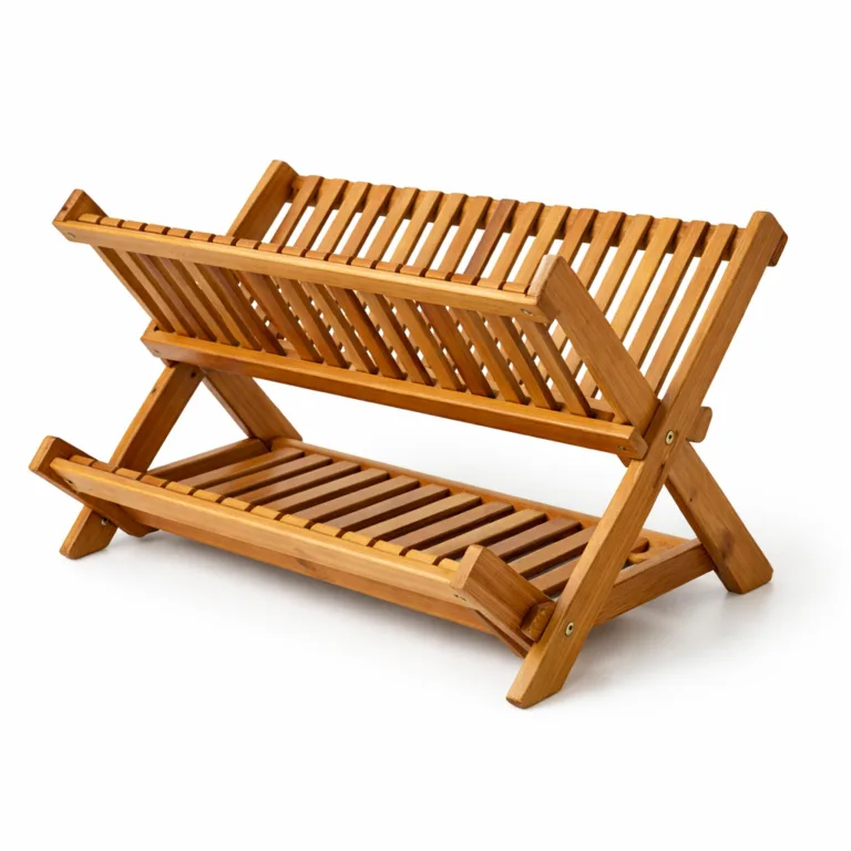 A dish drying rack made of carbonized bamboo for a rich, dark appearance, featuring a foldable two-tier configuration and tasteful beveled edges that add a modern touch.