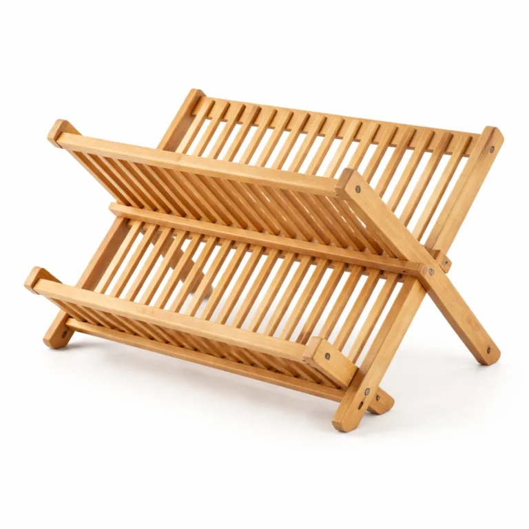 A bamboo dish drying rack in natural finish featuring a foldable two-tier design with smooth rounded edges, crafted for safety and elegance. Perfect for kitchens seeking a warm, organic look.