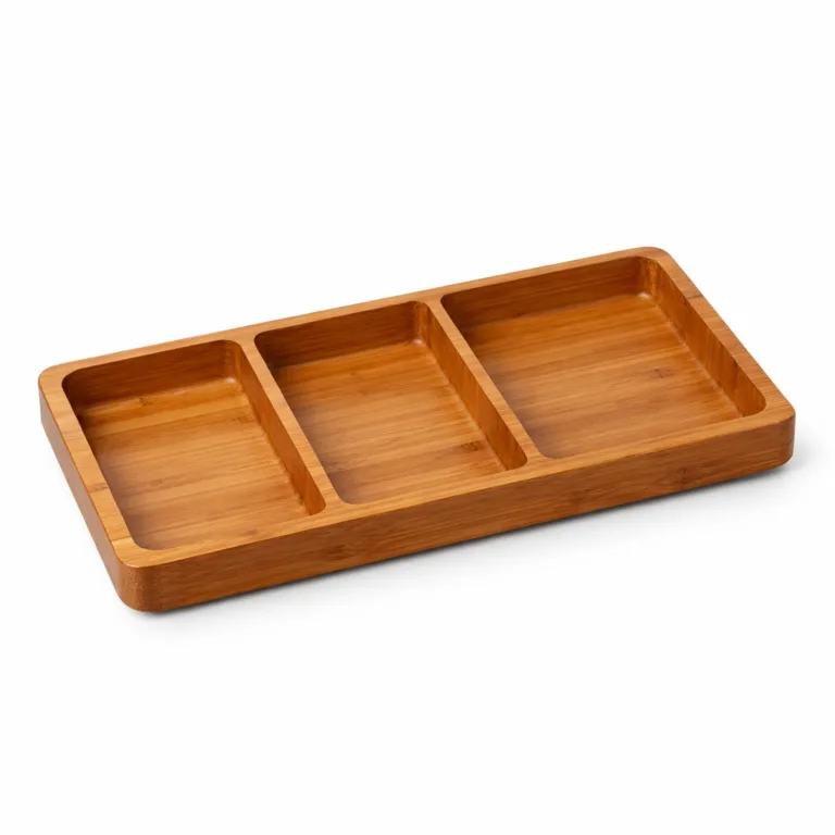 A sophisticated bamboo divided compartment tray with three sections, made from carbonized bamboo providing a rich dark tone, featuring smooth beveled edges for a contemporary, elegant finish.