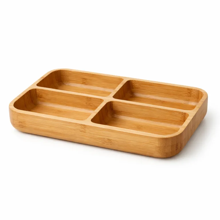 A rectangular bamboo divided compartment tray featuring four spacious sections, crafted in natural bamboo with softly rounded edges for a warm, classic aesthetic. Designed for durability and everyday use.