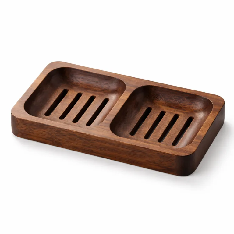 Sleek double soap dish in carbonized bamboo with a rich brown tone, featuring beveled edges for a sophisticated, elegant appearance suitable for contemporary settings.