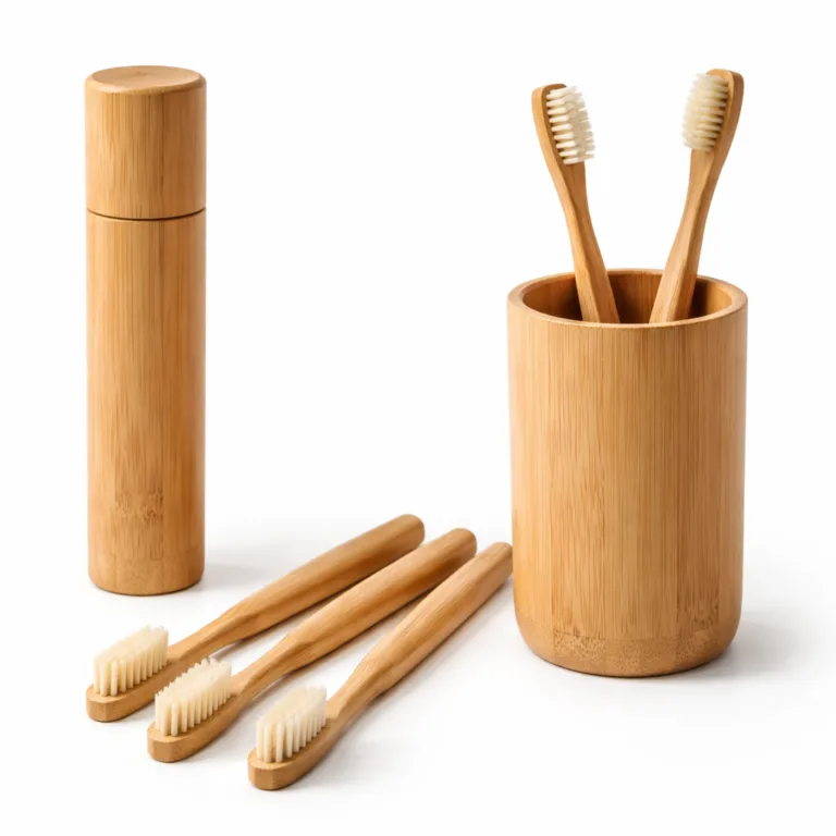 A realistic studio shot of the Bamboo Eco Starter Kit Toothbrush featuring a matte-oiled bamboo finish with soft rounded edges along the classic straight cylinder handle. The image captures the refined surface and gentle shape enhancements for comfort.