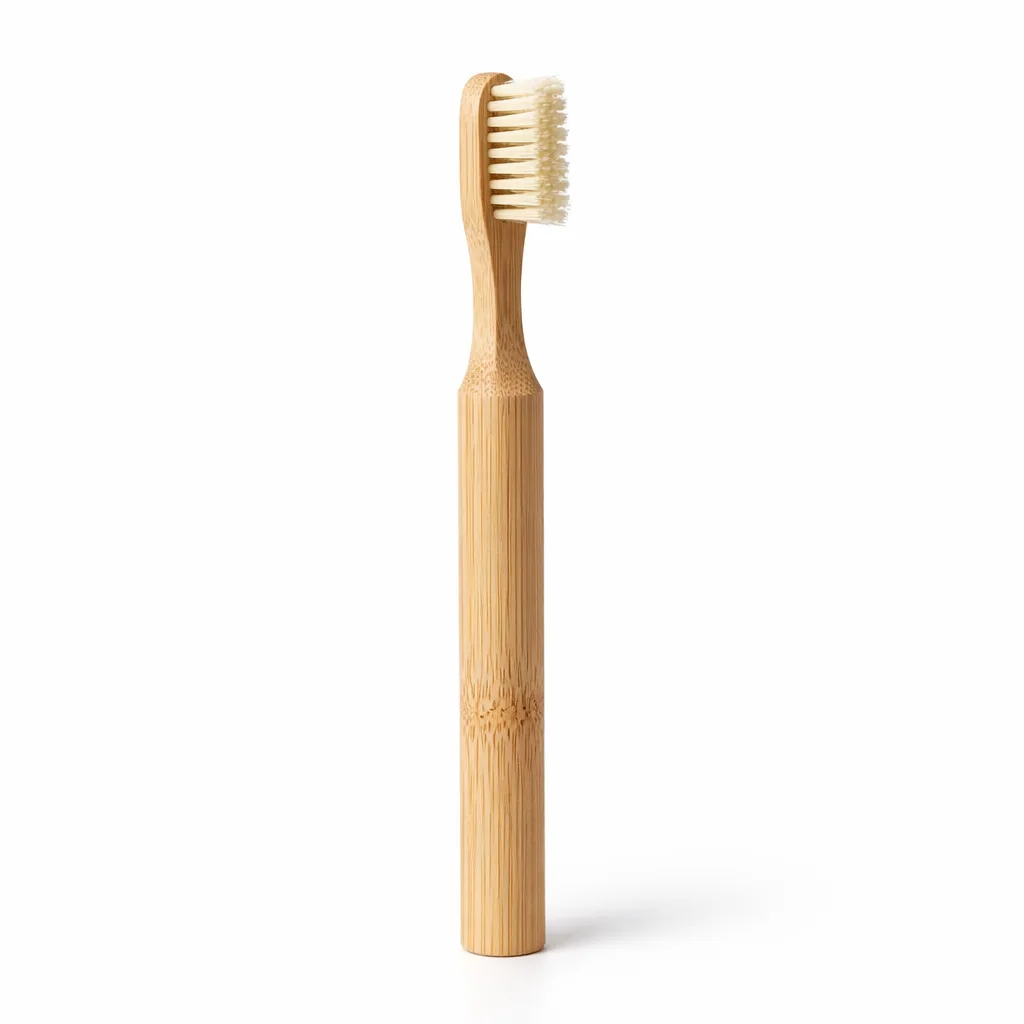 A high-realism product photo of the Bamboo Eco Starter Kit Toothbrush featuring a Moso bamboo handle in its original natural finish. The handle has a classic straight cylinder shape, showing subtle grain details for an organic look.