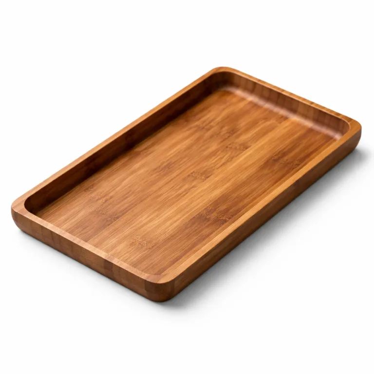 This bamboo engraved gift tray presents a deep carbonized finish and sharply beveled edge profile. Subtle logo engraving on the side, crafted for a sophisticated, modern aesthetic.