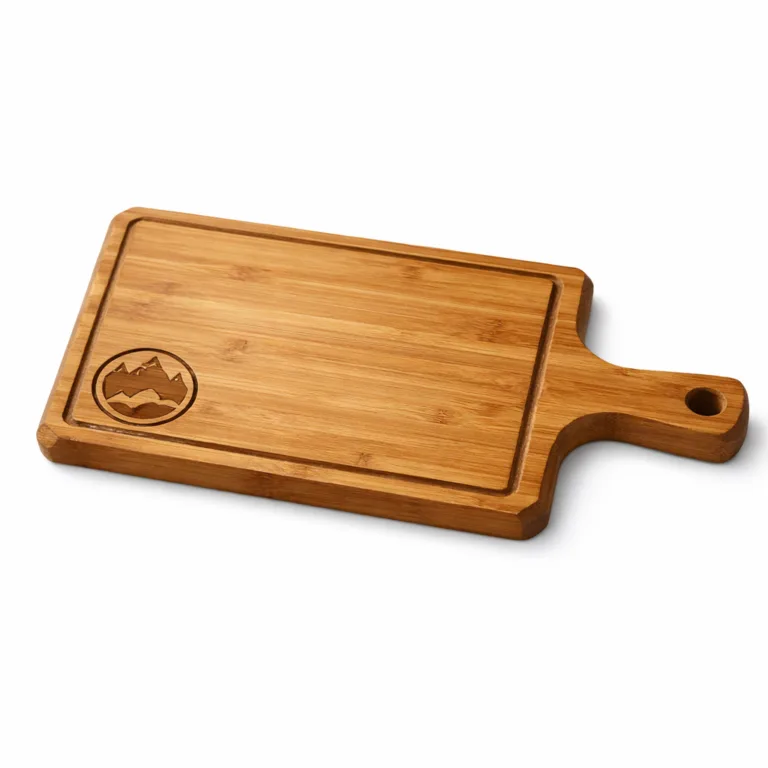 A commercial main image of a carbonized bamboo rectangular cutting board, engraved with logo, handle included, and detailed beveled edges for a refined look.