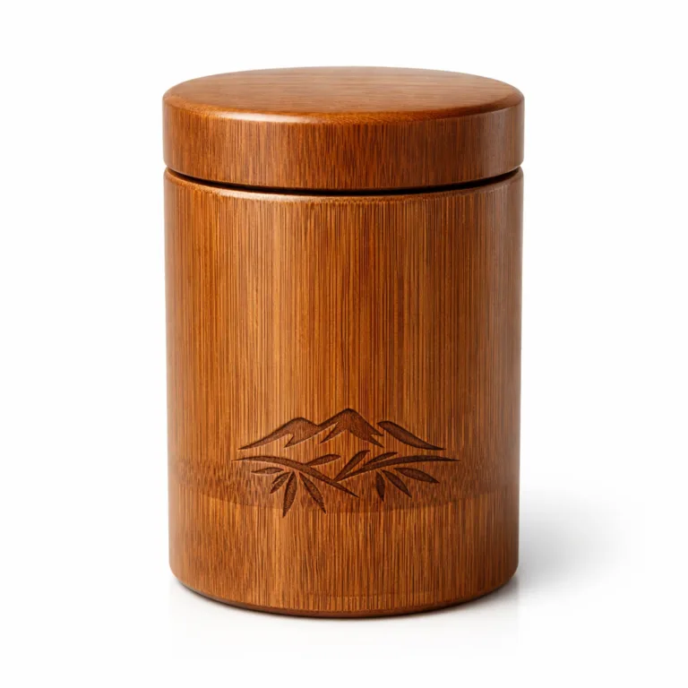 This manufacturable variant offers a deep, carbonized bamboo tone with a sharply beveled rim on the lid. The canister showcases a detailed engraved logo and smooth finish.