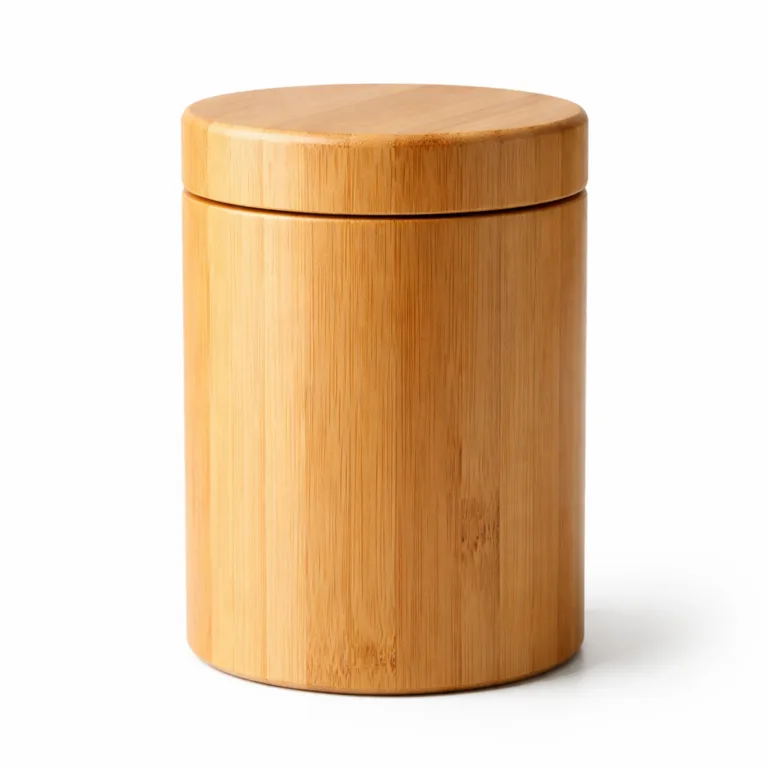This variant features a classic natural bamboo finish with gently rounded edges, enhancing its smooth and elegant look. The engraved logo sits subtly on the body, and the lift-off lid fits flush for airtight storage.