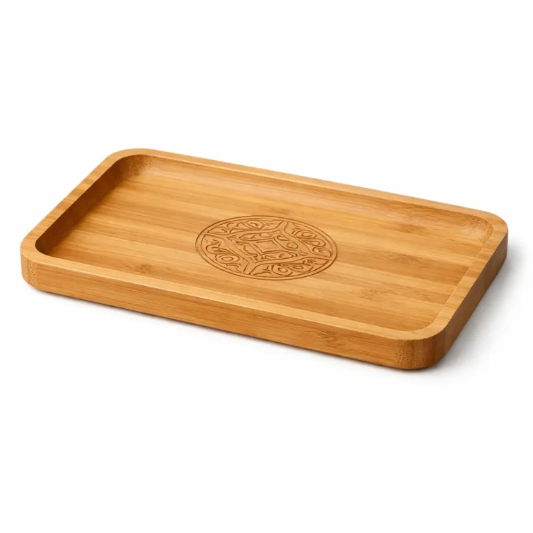 A sustainable bamboo engraved gift tray, featuring a natural matte finish and gently rounded edges. Minimal logo engraving enhances the modern look, making it perfect for gifting or serving.