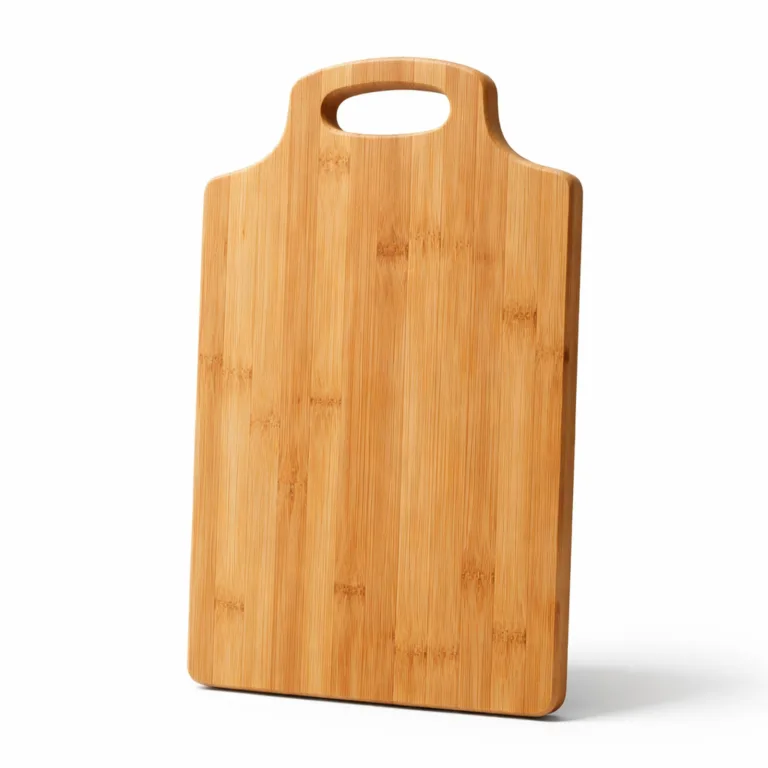 A high realism studio photo of a rectangular bamboo engraved logo cutting board, featuring a natural finish, subtle logo engraving, comfortable handle, and smoothly rounded edges.