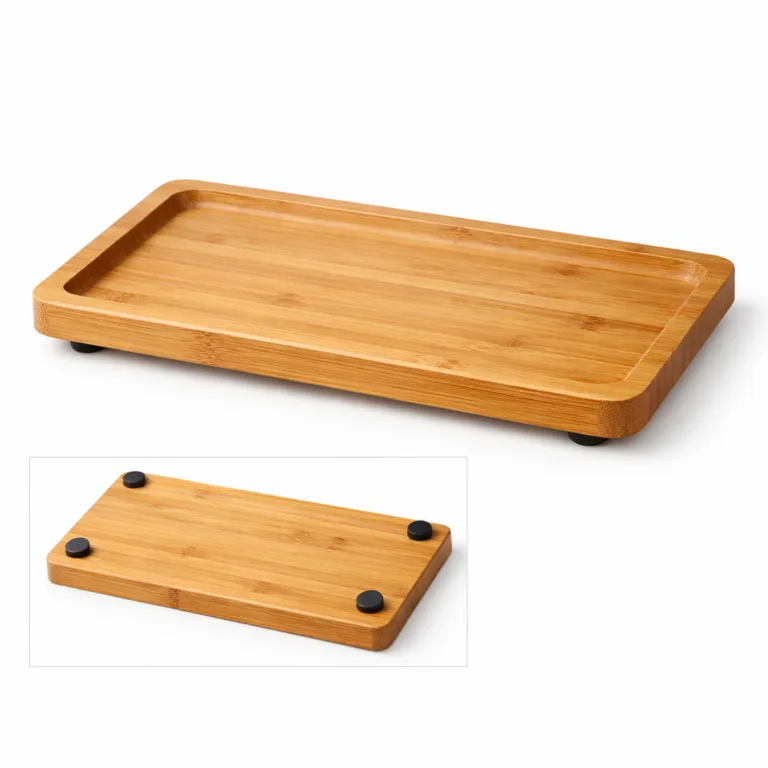 A polished bamboo engraved gift tray designed with anti-slip feet and a discreet logo engraving on the underside. The smooth finish is ideal for secure and elegant serving.