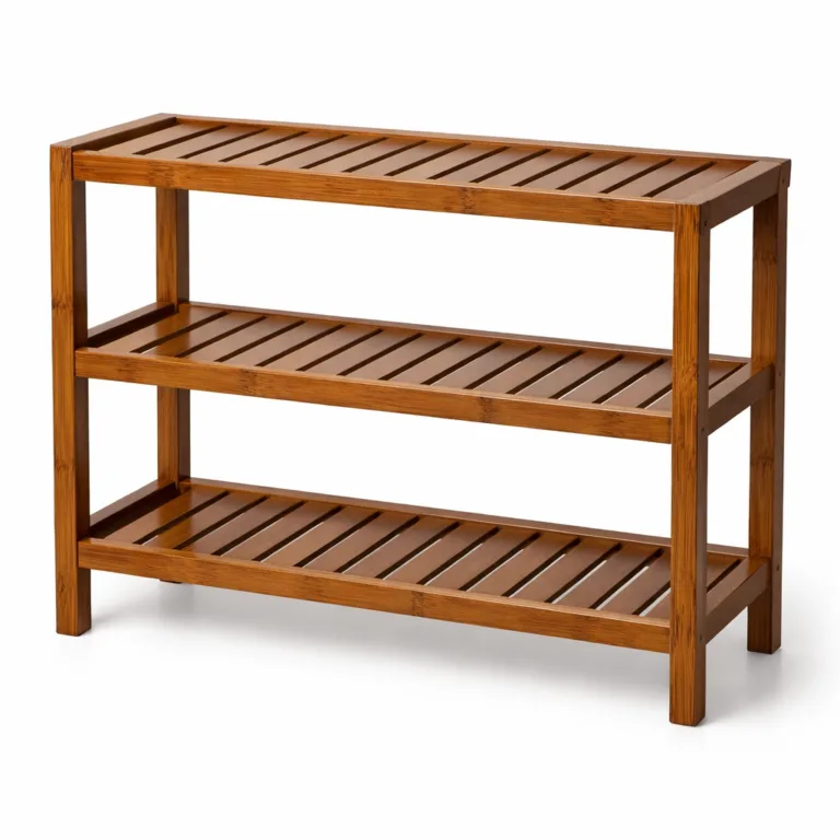 A carbonized bamboo entryway organizer rack showcasing a deep, warm brown finish and beveled edge detailing for an elegant touch. The 3-tier structure with open slat shelves is displayed sharply and clearly in a studio product shot, ideal for online shopping.