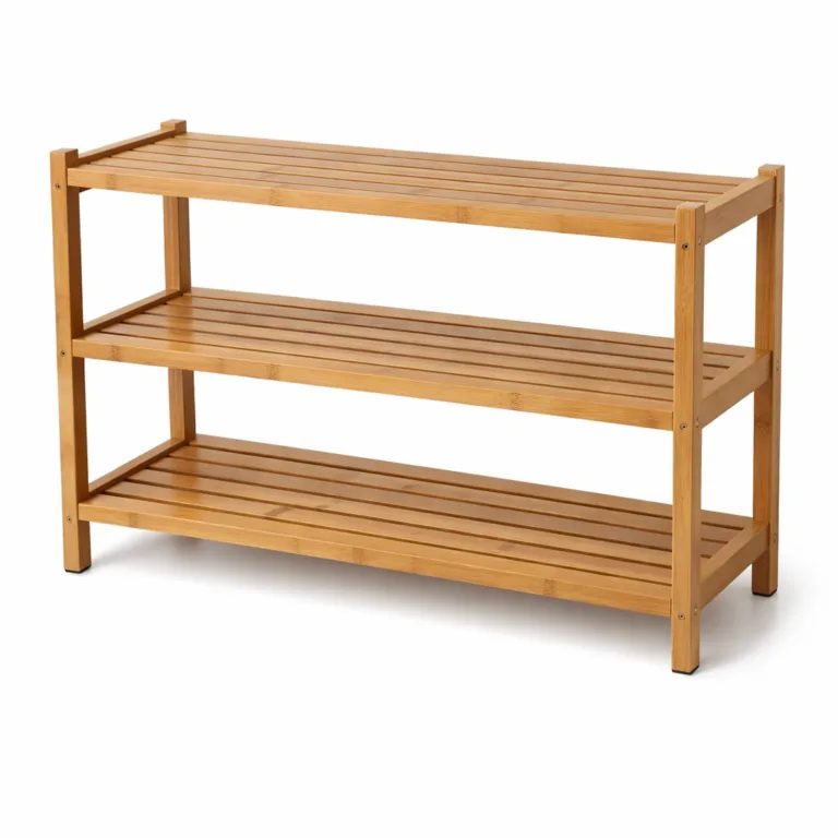 A product photo of a bamboo entryway organizer rack finished with a matte oil, giving it a sleek yet understated surface. The rack includes anti-slip feet for enhanced stability and practicality, photographed for high realism on a white background.