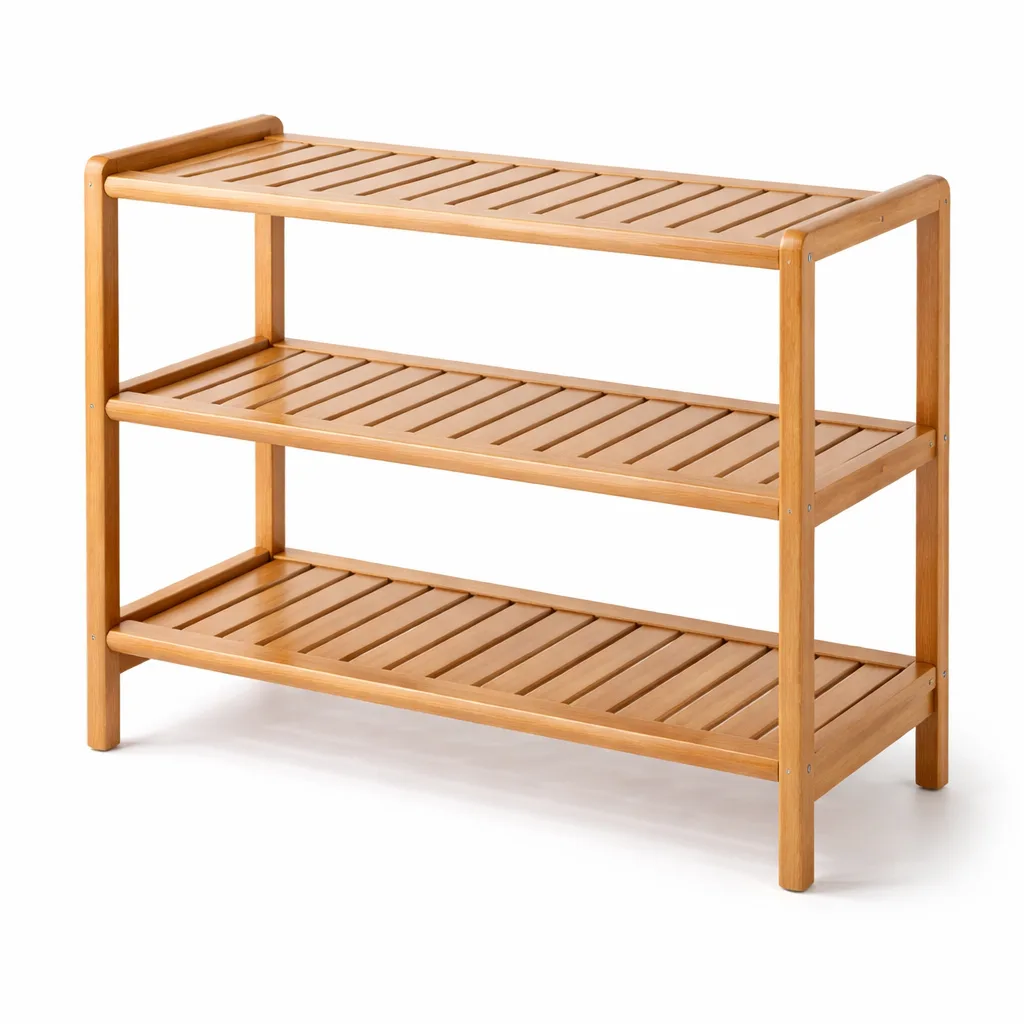 A realistic product photo of a bamboo entryway organizer rack, featuring a natural bamboo finish and rounded edges that offer a softer look. The 3-tier rectangular design with open slat shelves adds a minimalist and functional touch, captured with commercial lighting on a white studio background.