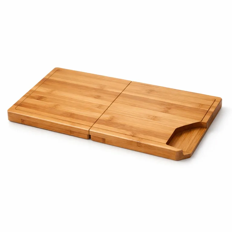 This bamboo folding cutting board features rich carbonized bamboo, a convenient pour spout, foldable design, and elegantly beveled edges for an upgraded appearance, photographed for high-impact product listings.