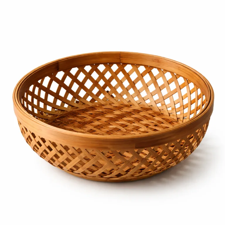 This fruit basket bowl features a round open-weave structure, made from carbonized bamboo to highlight deep, warm tones. The basket is accented with a clean beveled edge for added elegance.