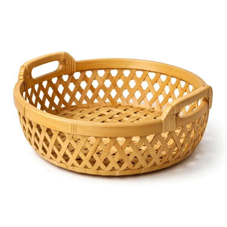 This natural bamboo fruit basket bowl is designed with practical side handles integrated into the open-weave rim, making it easy to carry and move from counter to table.