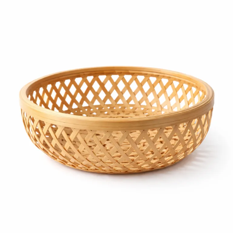 This bamboo fruit basket bowl showcases a classic open-weave design in natural bamboo, featuring a smooth finish and a softly rounded rim for comfortable handling.